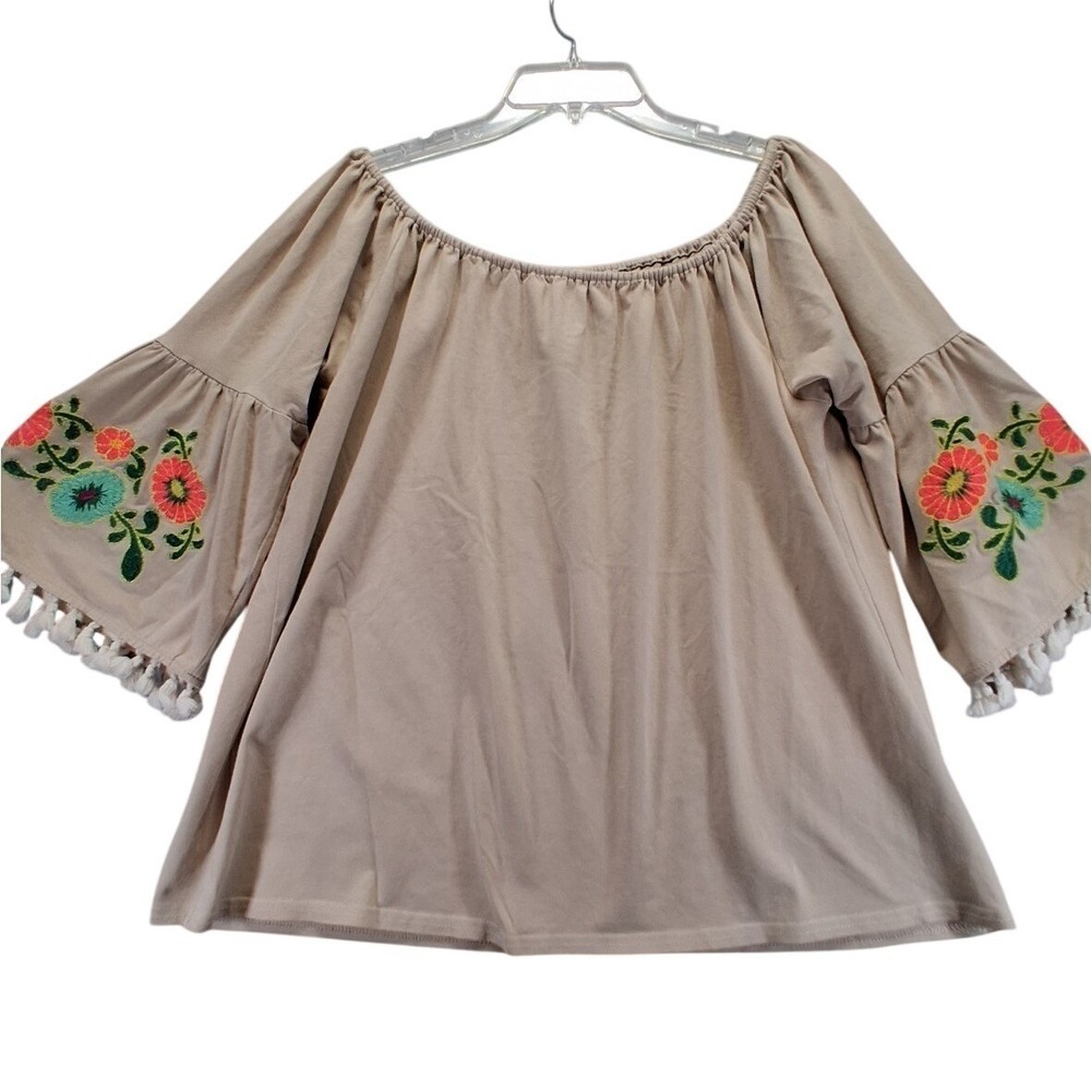 Umgee USA Tan Off The Shoulder Embroidered Floral Bell Sleeve Tassel Blouse S‎